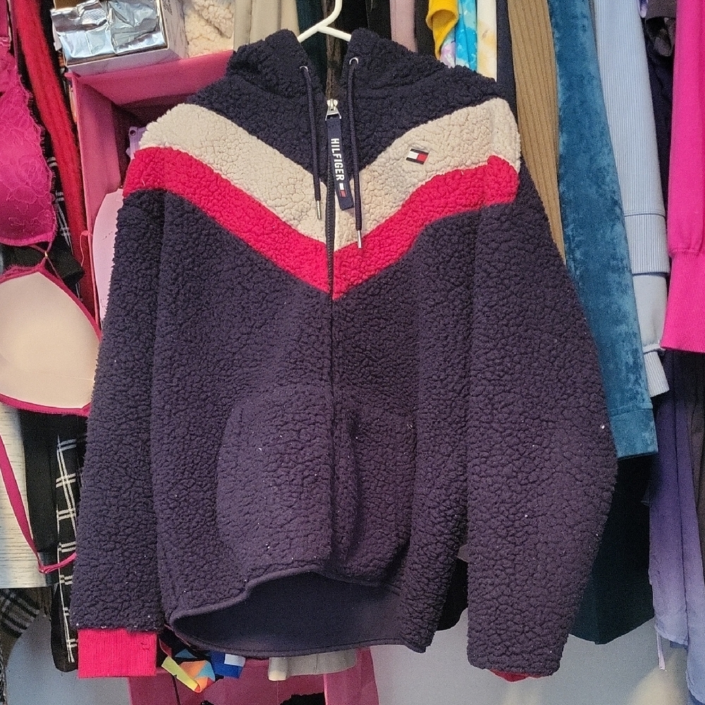 Tommy Hilfiger Navy Hoodie with Red and Cream Chevron